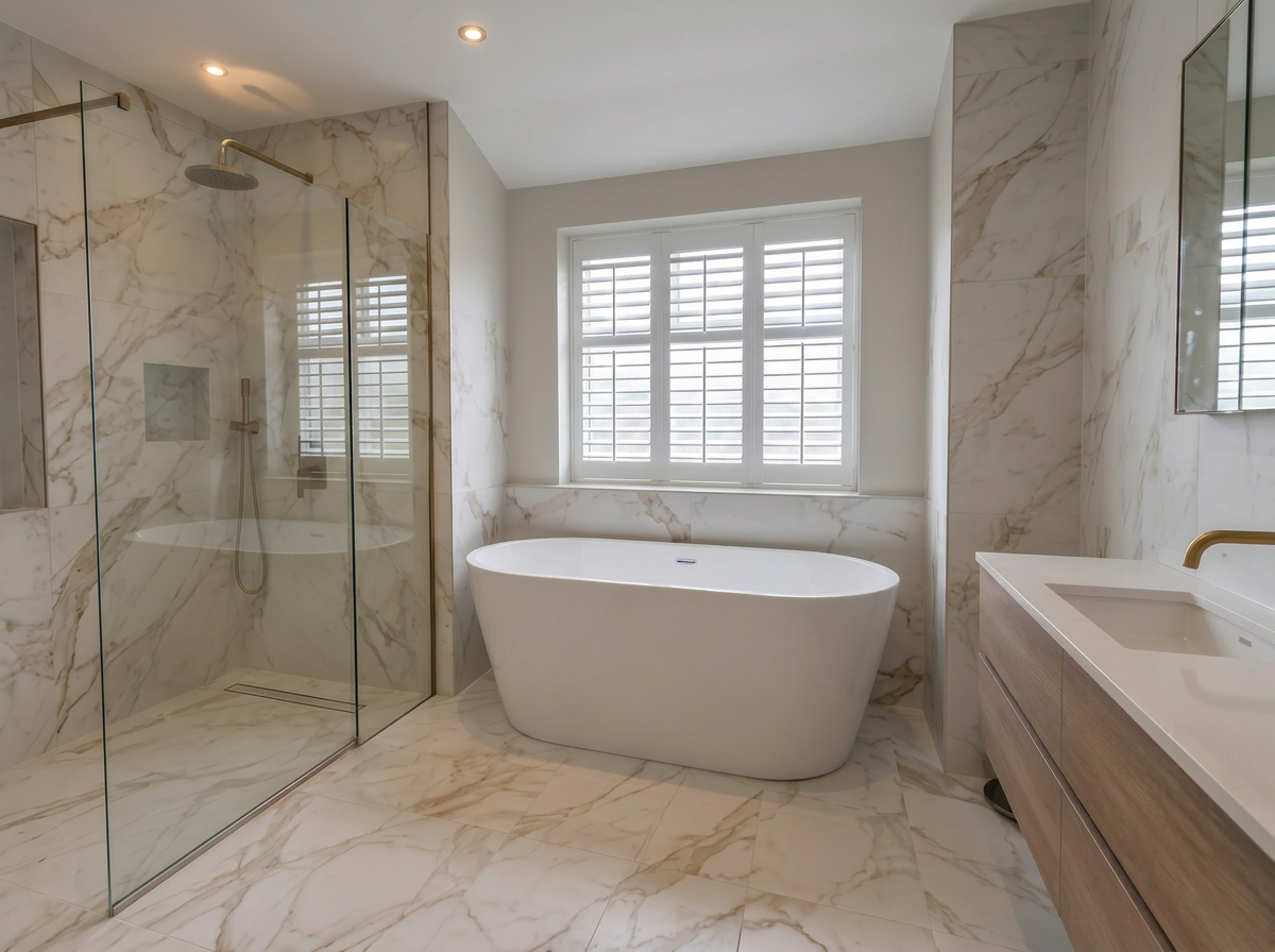 Marble-tiled bathroom with freestanding bath, walk-in shower and brass fittings