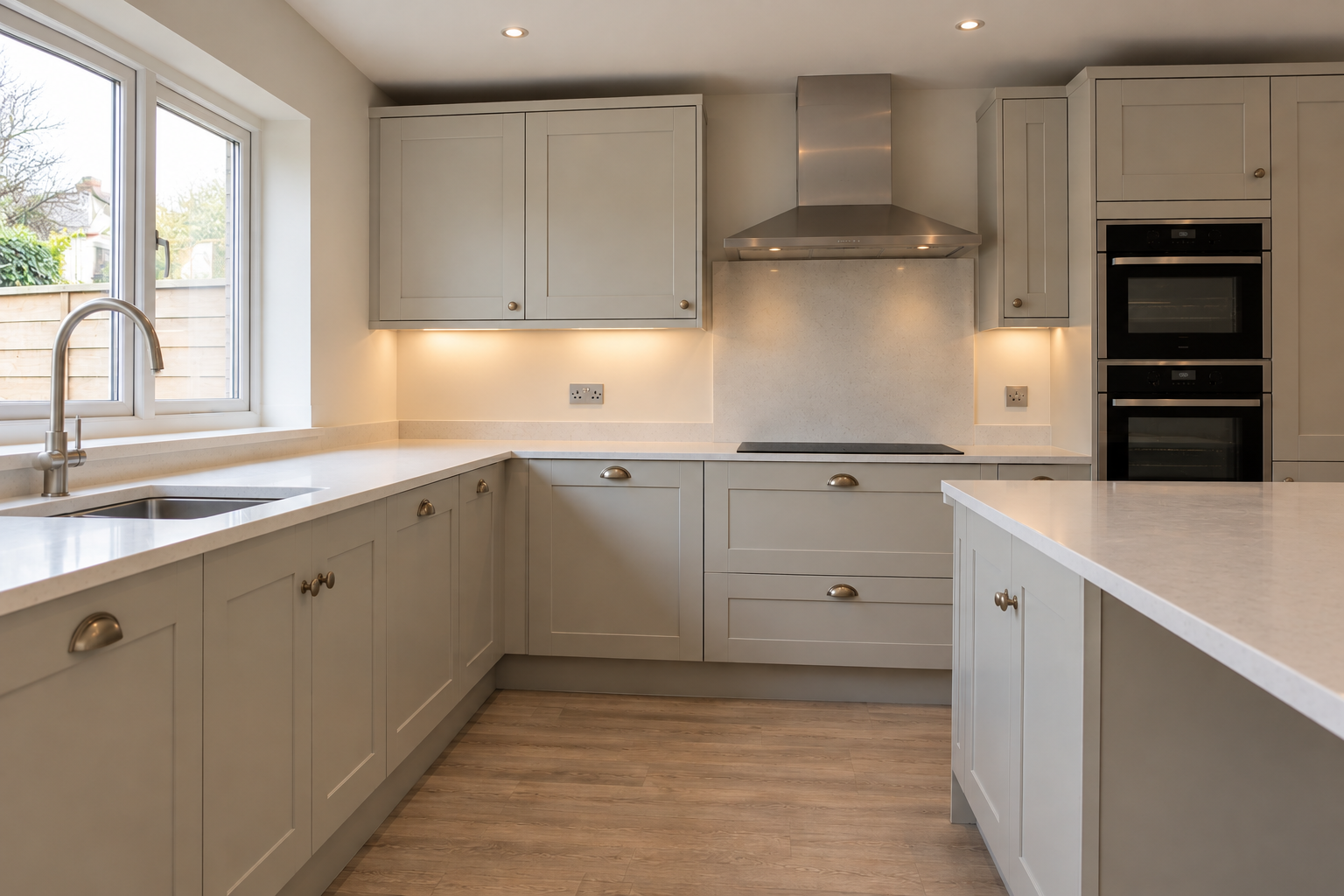 Newly fitted greige shaker kitchen with island