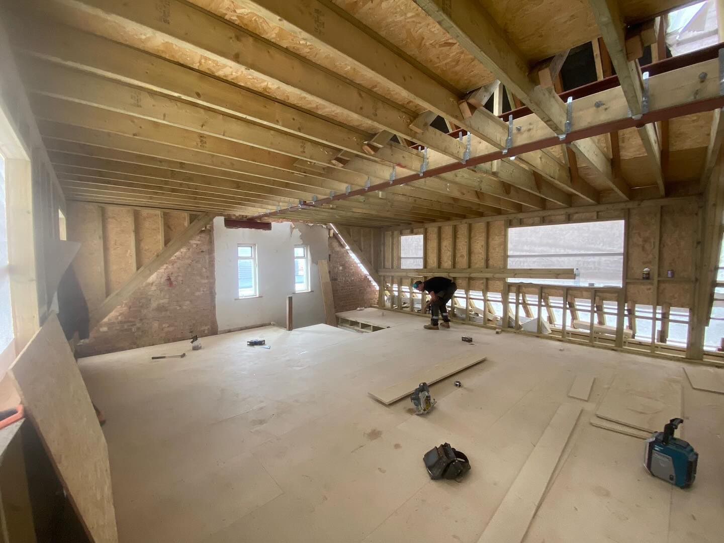 Loft room taking shape with new steels, floor and stud walls