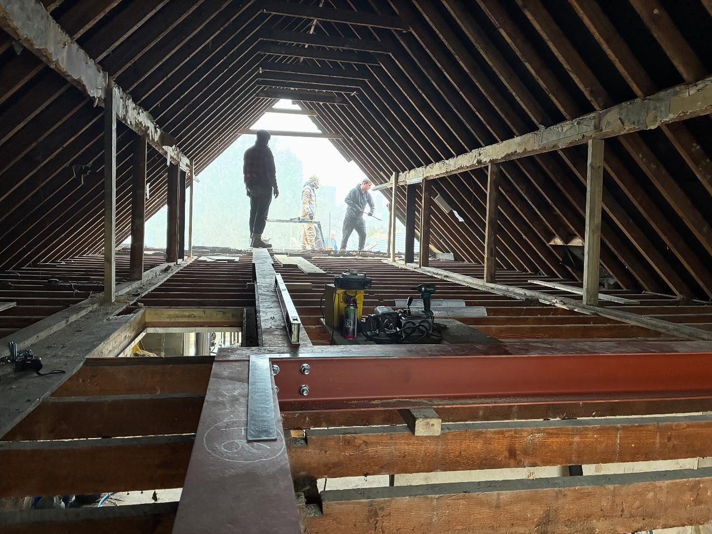 Structural steel beams installed for a loft conversion floor